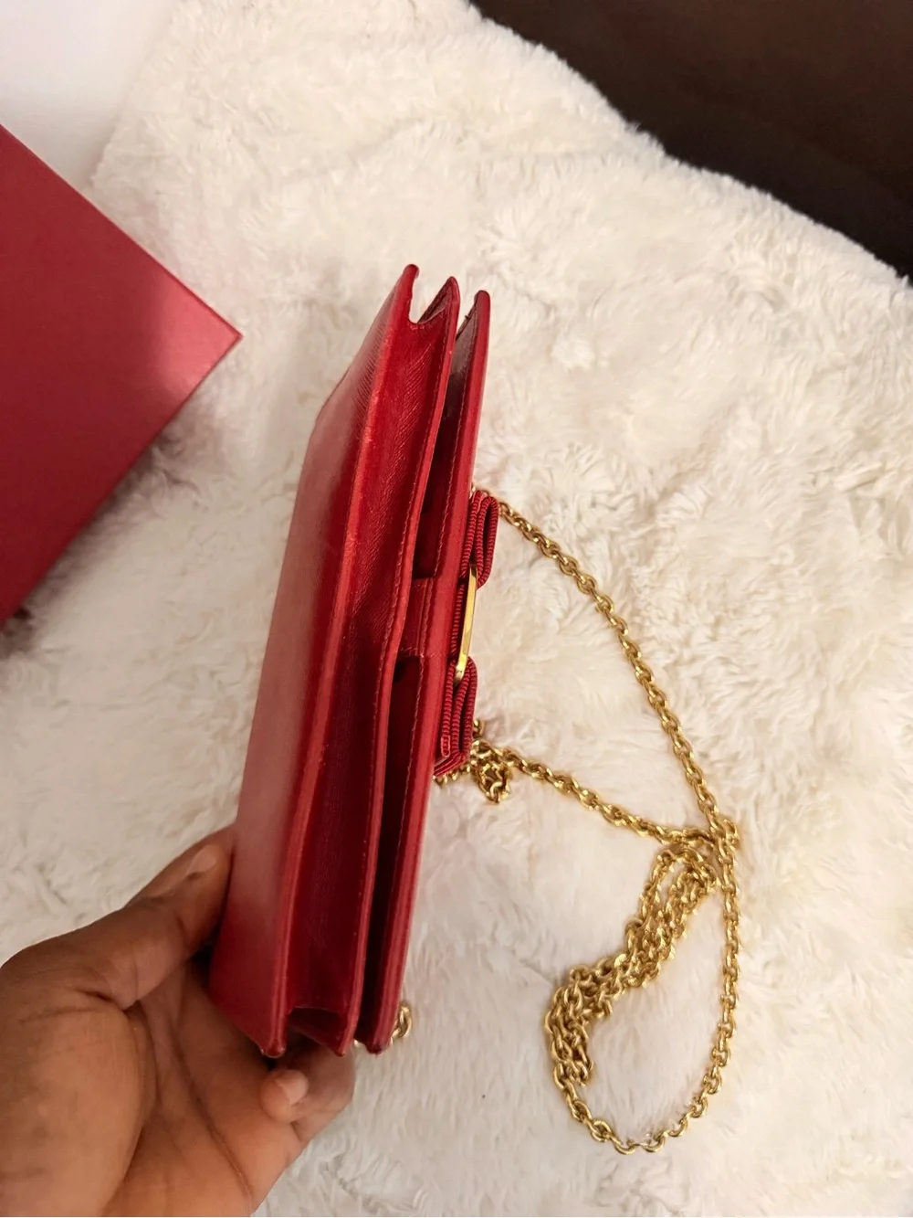 Salvatore Ferragamo Red Leather Vara Bow Chain Crossbody